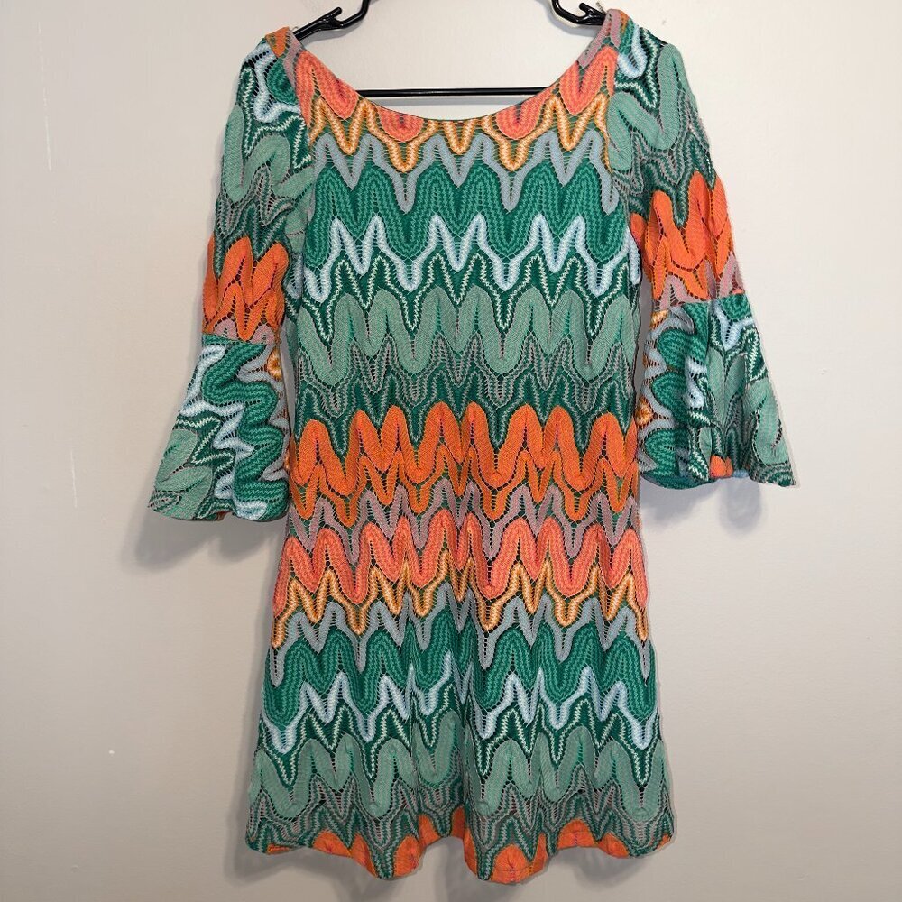 Judith March Size S Retro Chevron Print Dress Bell Sleeve Mini - Picture 2 of 7